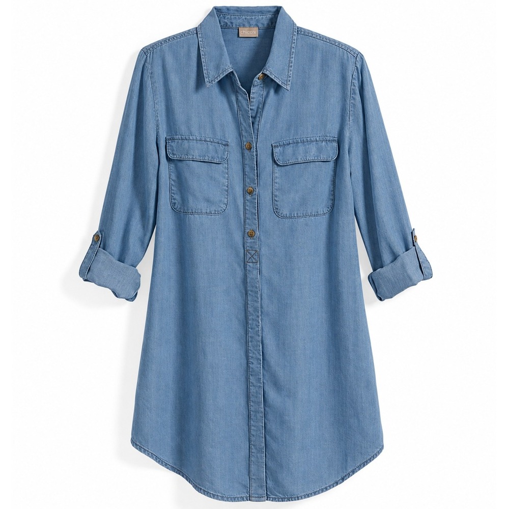 Chico's 3 US 16/18 Denim Shirt Tencel Blue Roll Tab Tunic Oversized To Relaxed